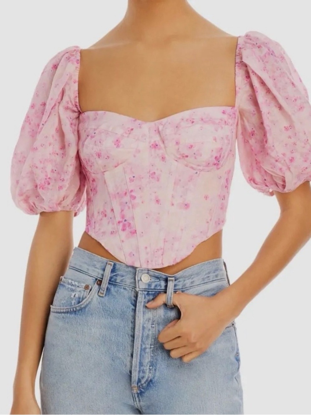 Bardot Pink Floral Puff-Sleeve Corset Crop Top